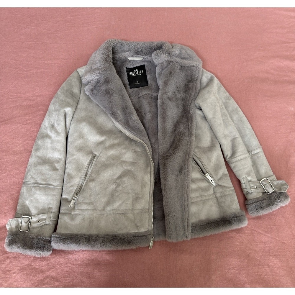 Hollister Womens Grey Faux Suede Shearling Moto Aviator Biker Jacket Coat Sz M⁠